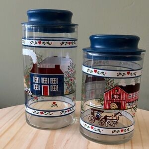Libbey Glass Canister Set with Blue Lids and Red Barn Accents